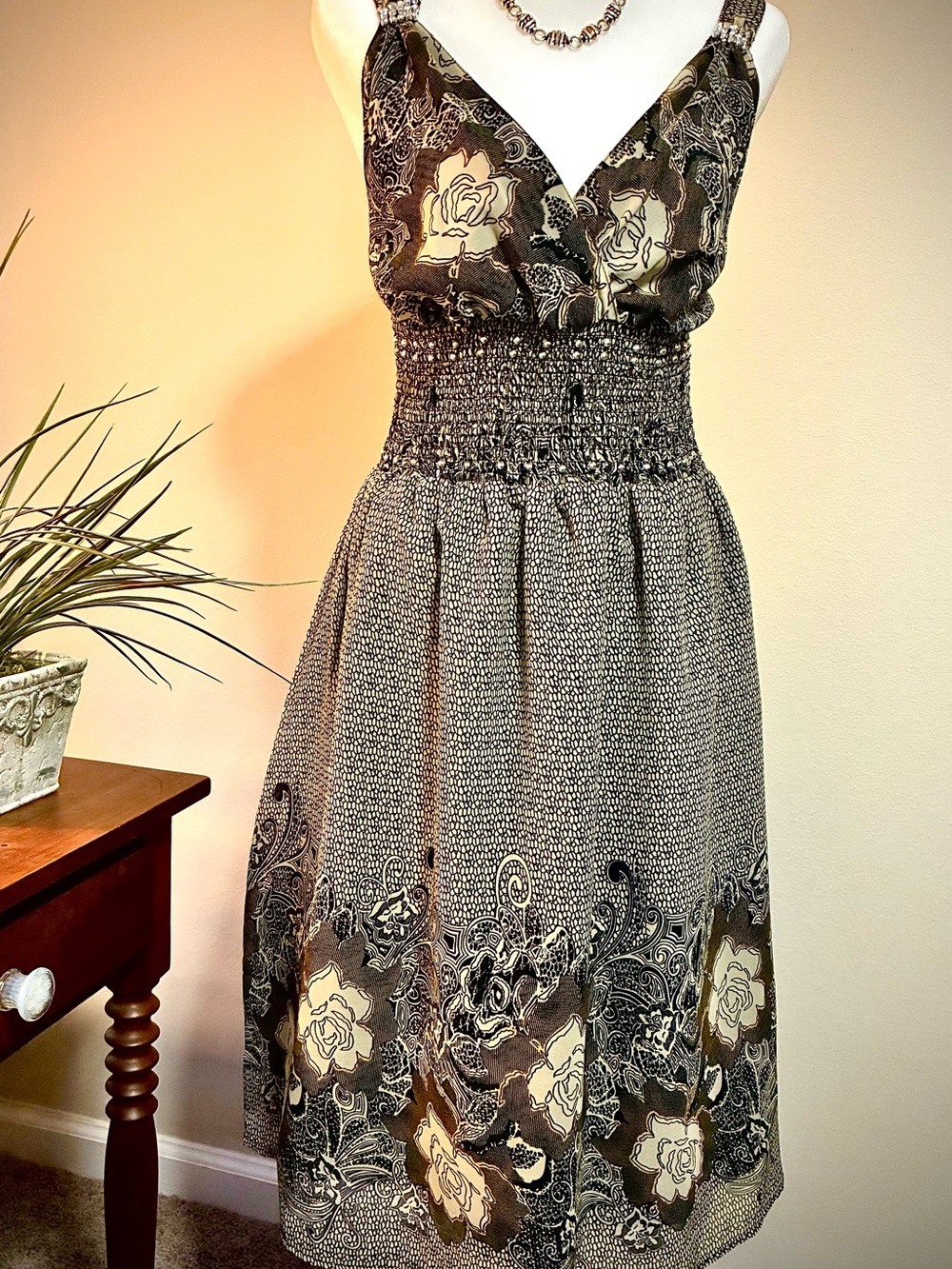 Floral Smocked Midi Dress in Black and Cream with Jeweled Accents